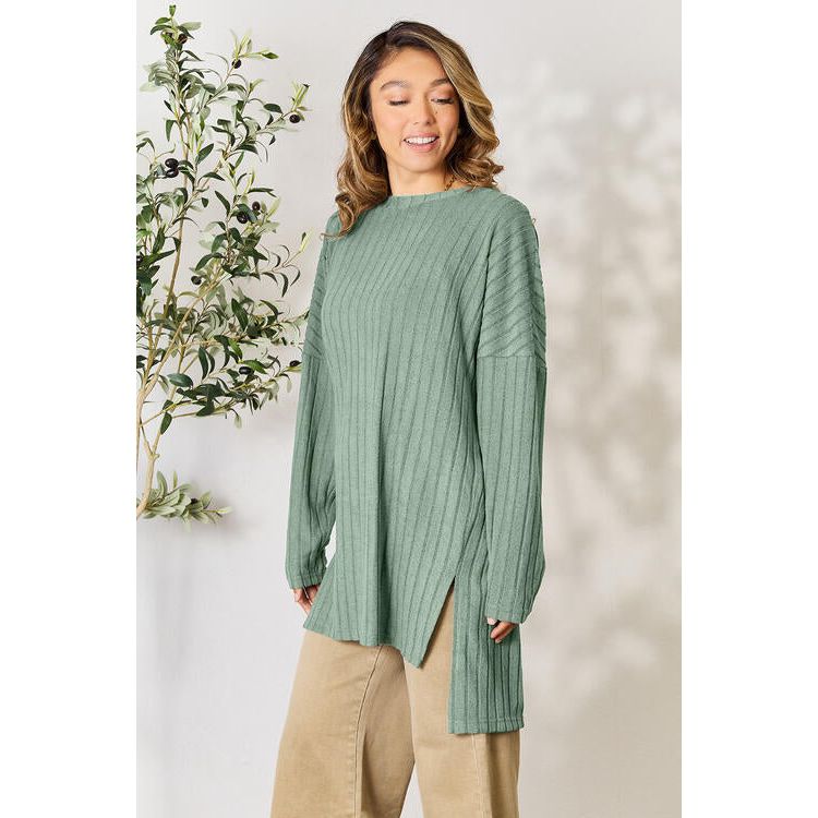 Basic Bae Full Size Ribbed Round Neck Long Sleeve Slit Top