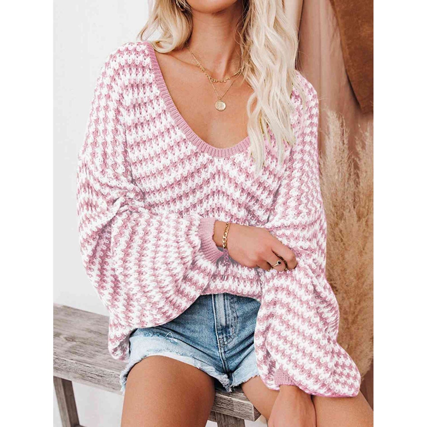 Striped Drop Shoulder V-Neck Sweater