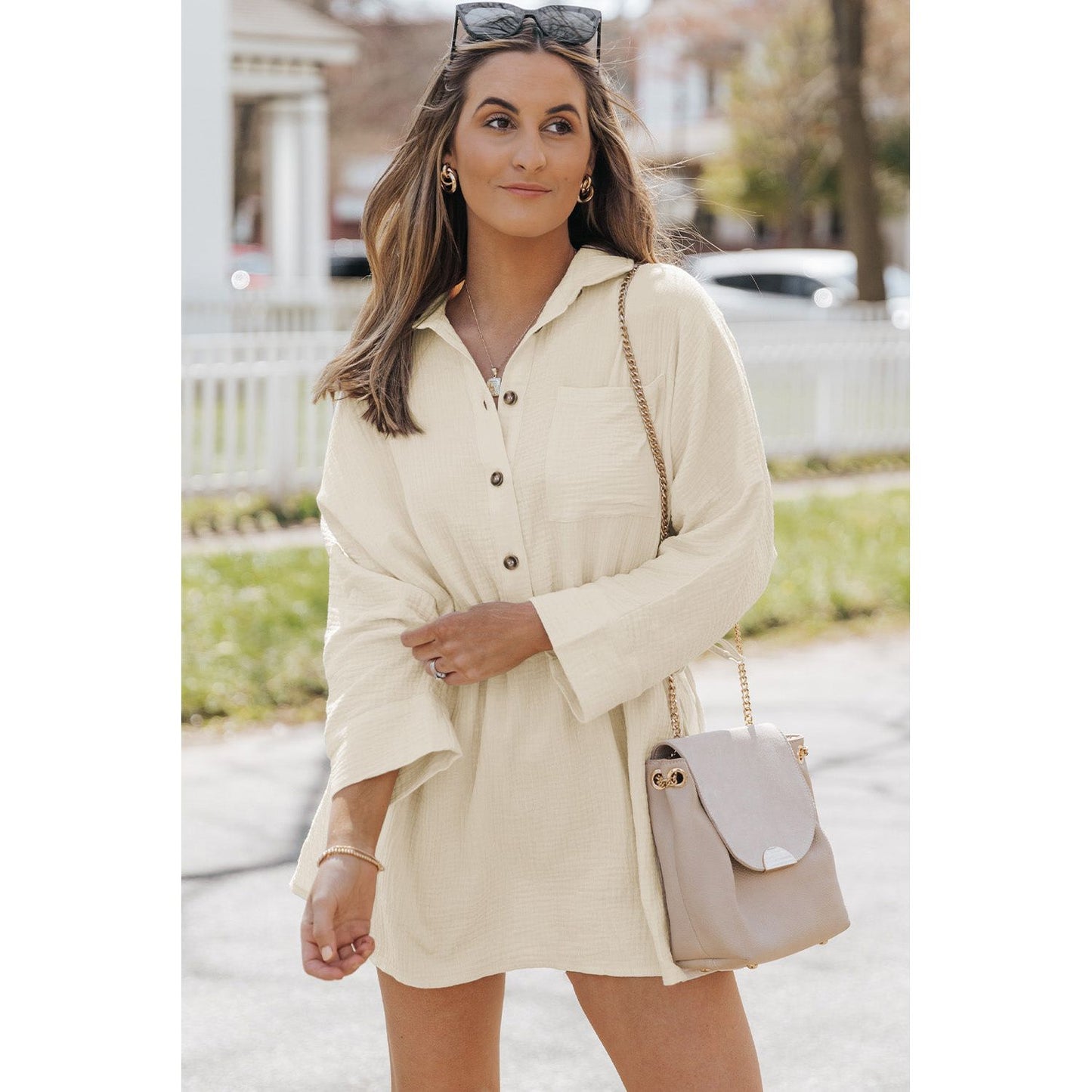Button-Up Long Sleeve Collared Neck Mini Dress