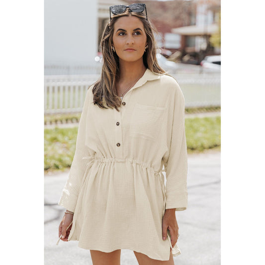 Button-Up Long Sleeve Collared Neck Mini Dress